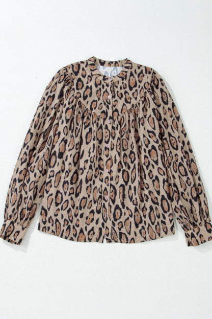 Leopard Notched Long Sleeve Blouse